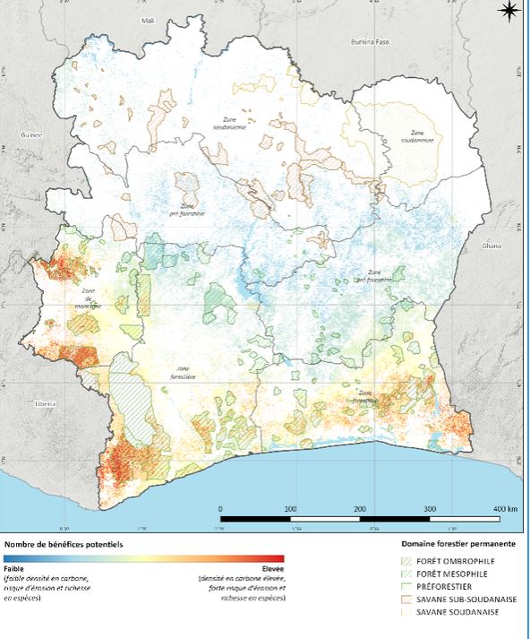 Map by UNEP-WCMC (2017) showing the areas with high potential for strengthening multiple benefits through forest restoration (in red) and dashed areas highlighting different ecosystem types (forests in green and savannah in red and yellow)